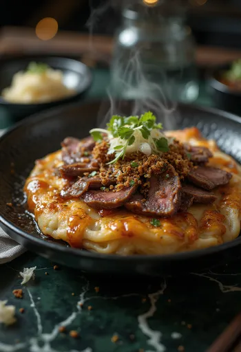 Okonomiyaki z wołowiną podawane z sosem okonomiyaki i płatkami bonito