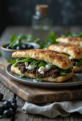 Piadina z pastą z oliwek i kozim serem serwowana