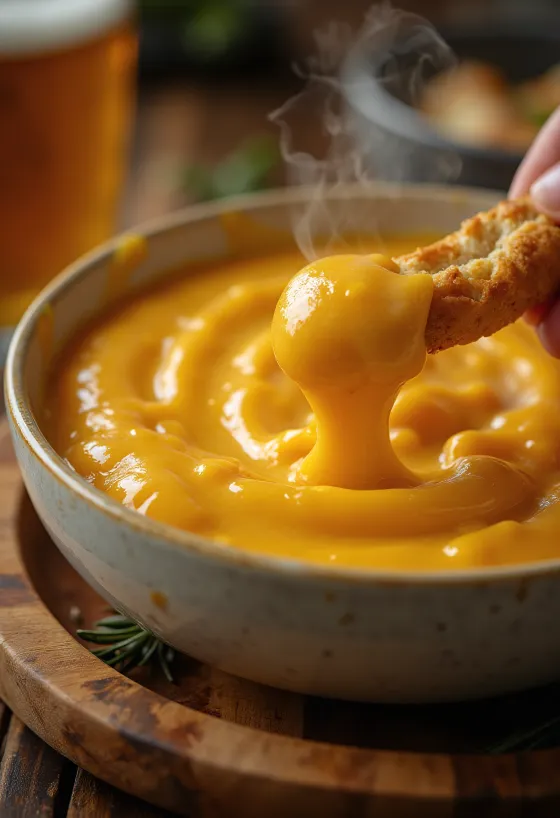 Sos serowy cheddar z piwem i czosnkiem podany w miseczce