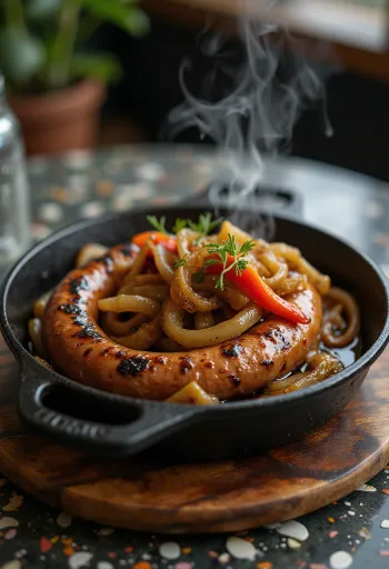 Boerewors z cebulą, papryką i przyprawami na patelni