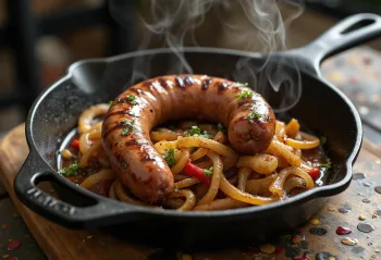 Boerewors z cebulą, papryką i przyprawami na patelni