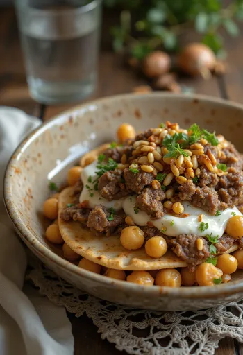 Fatteh z jagnięciną, kawałkami opieczonej pity, ciecierzycą, jogurtem z tahini i prażonymi orzeszkami piniowymi.