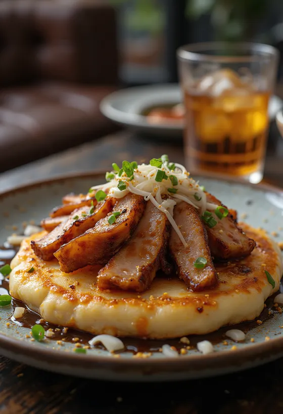 Okonomiyaki z wieprzowiną podawane z sosem okonomiyaki i płatkami bonito