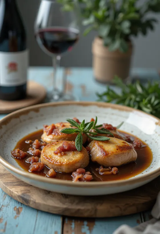 Saltimbocca z cielęciny w sosie Marsala, podana z szynką i listkiem szałwii