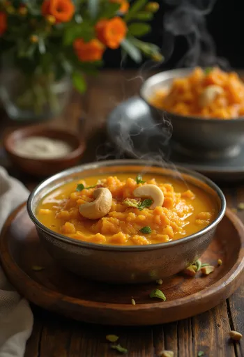 Gajar ka Halwa z marchewką, o bogatych pikantnych smakach.