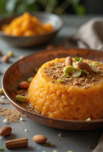 Gajar ka Halwa z khoyą, udekorowana pistacjami i migdałami