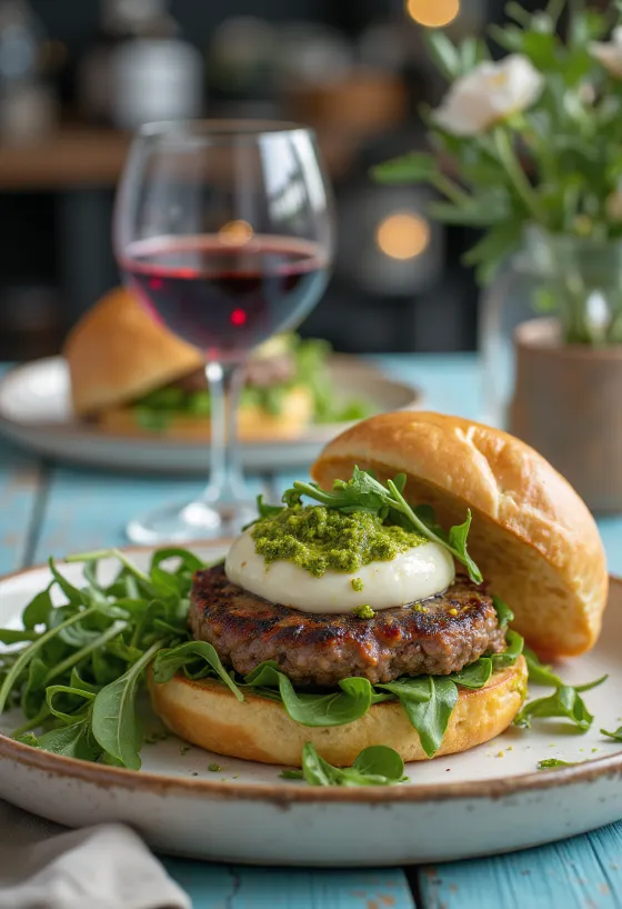 Świeżo przygotowany włoski hamburger z mozzarellą i pesto