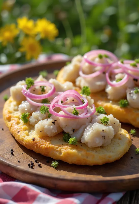 Kanapka Tunnbröd surströmming z chrupiącym chlebem i świeżymi warzywami