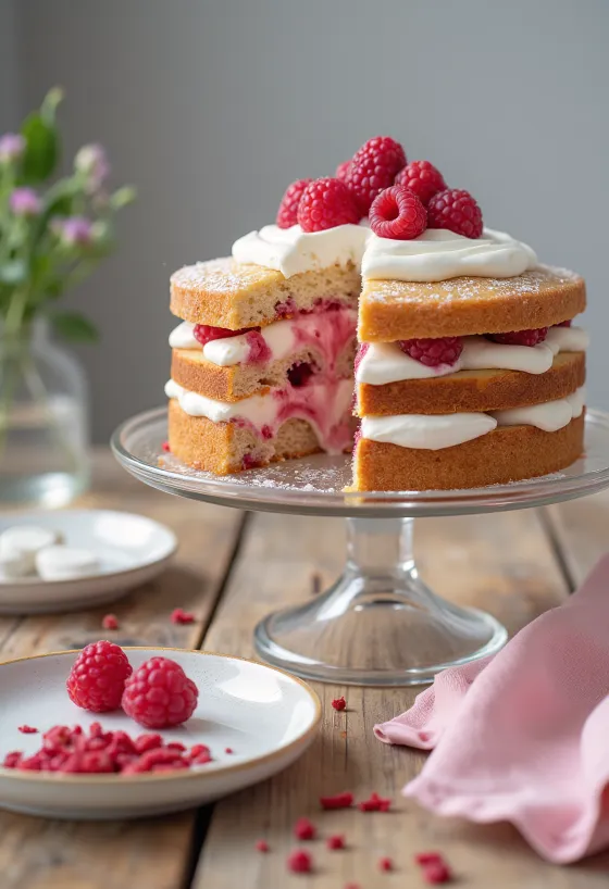 Tort malinowy z piankami marshmallow udekorowany świeżymi malinami