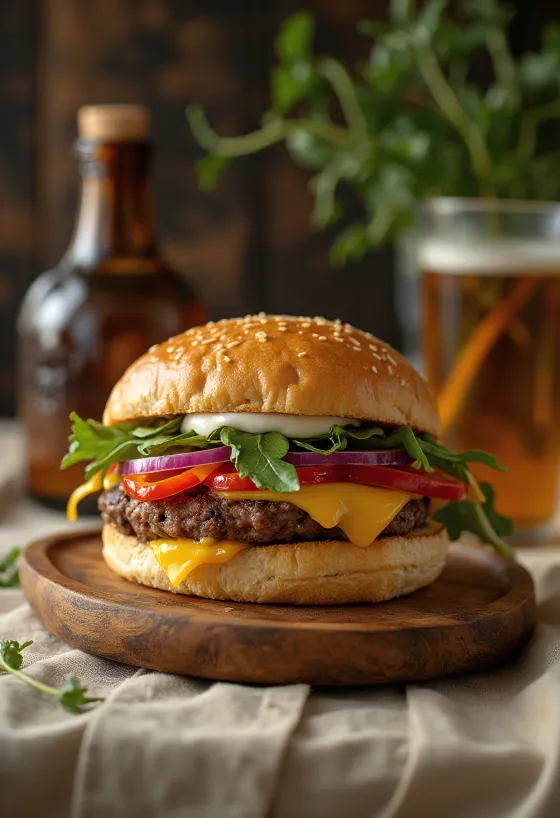 Burger z pieczoną papryką podany na talerzu