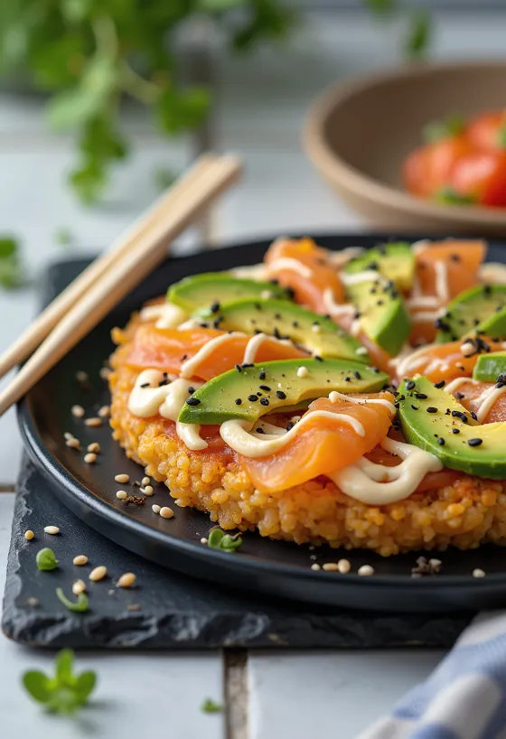 Sushi pizza z japońskim spodem ryżowym, łososiem i awokado