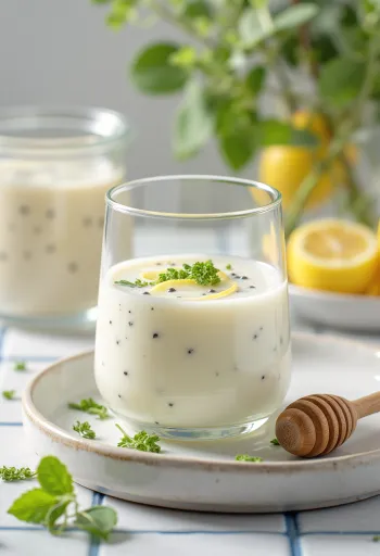 Probiotyczny kefir z melisą w szklankach, napój o jasnym kolorze i orzeźwiającym wyglądzie