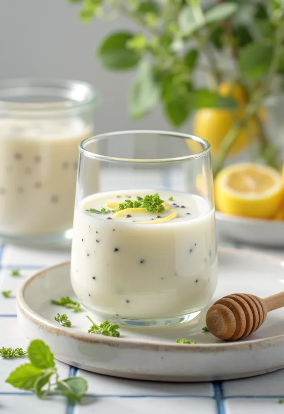 Probiotyczny kefir z melisą w szklankach, napój o jasnym kolorze i orzeźwiającym wyglądzie