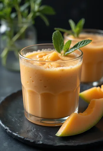 Smoothie z melona kantalupa podane w szklance