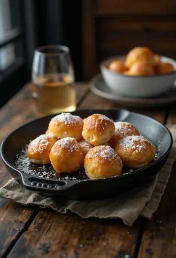 Duńskie pączki kuliste Æbleskiver posypane cukrem pudrem