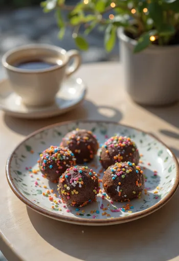 Kulki Brigadeiro z cukrem w kolorowej posypce, podane