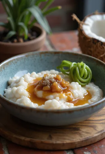 Bubur Sumsum, pudding ryżowy z mlekiem kokosowym podany do stołu