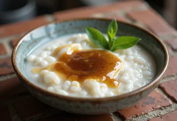 Bubur Sumsum, pudding ryżowy z mlekiem kokosowym podany do stołu
