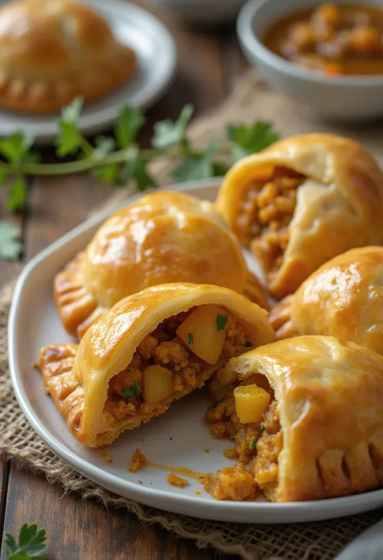 Cornish pasty z pikantnym nadzieniem curry, podawane z bogatym i chrupiącym ciastem