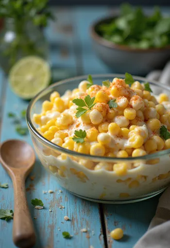 Esquites z sosem śmietanowym, podane ze świeżą kolendrą