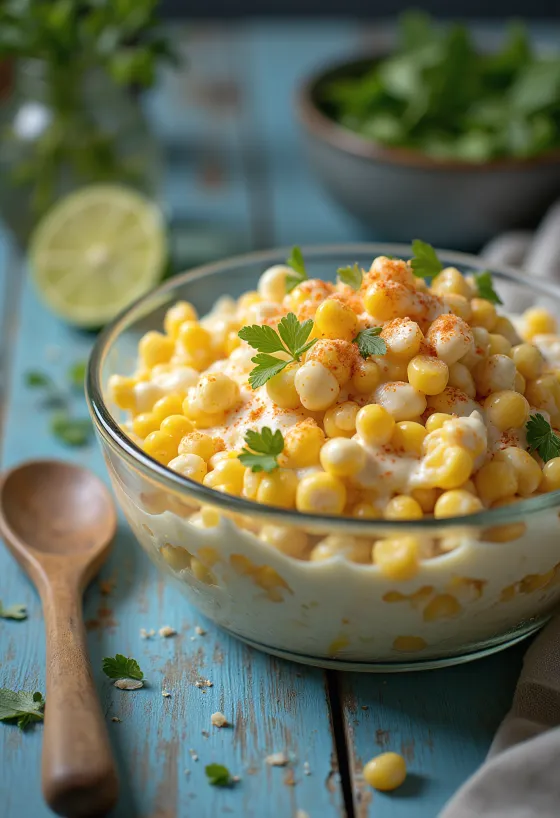 Esquites z sosem śmietanowym, podane ze świeżą kolendrą