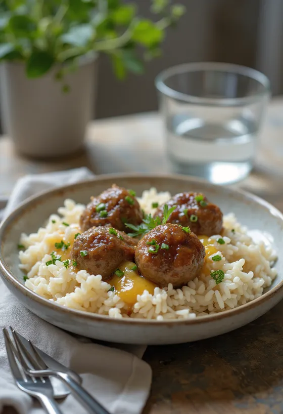 Szwedzkie klopsiki köttbullar podane z ryżem i sosem