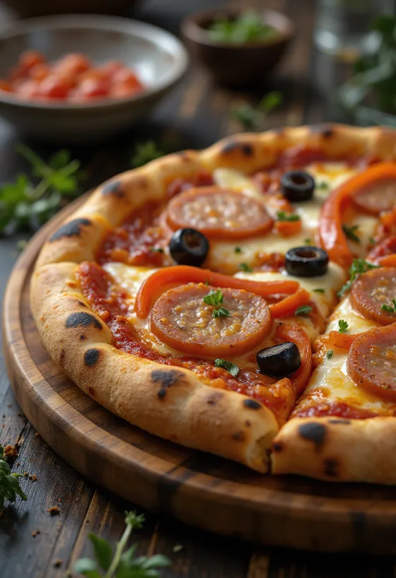 Świeżo upieczona pizza z pikantną kiełbasą