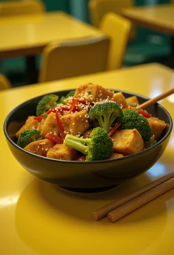 Wok z warzywami i tofu ze świeżą kolendrą podany na talerzu