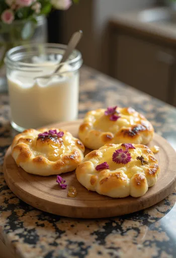 Kurut z wodą różaną, placek podawany w misce posypany wodą różaną