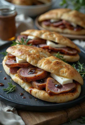 Piadina z pieczoną piersią kaczki i camembertem serwowana