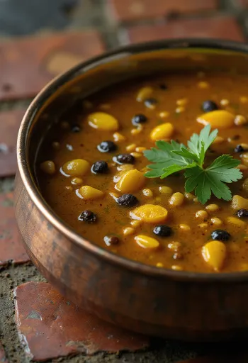 Rasam z pieprzem, podawany ze świeżą kolendrą