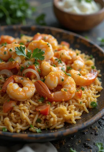 Kabsa z krewetkami, pikantne danie ryż i krewetki