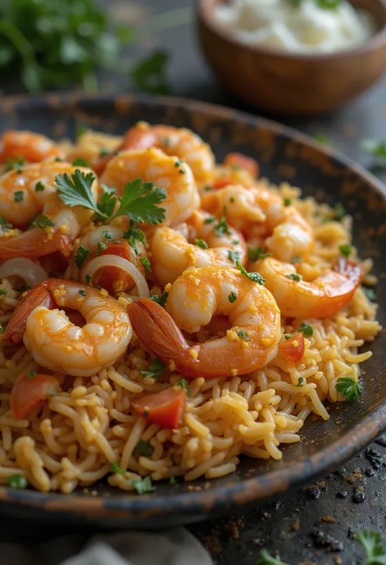 Kabsa z krewetkami, pikantne danie ryż i krewetki