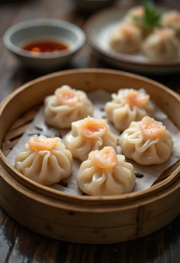 Chińskie kryształowe pierożki (har gow) z przezroczystym ciastem, podane w bambusowym parowniku
