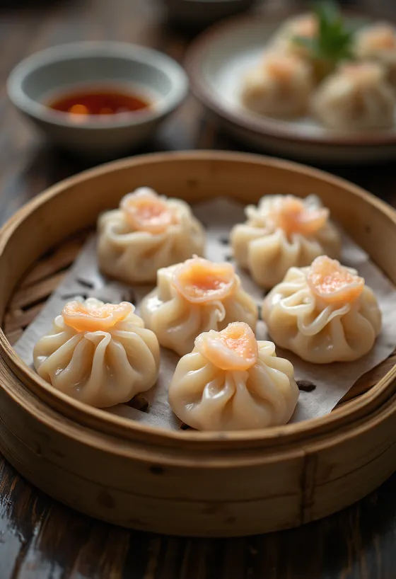 Chińskie kryształowe pierożki (har gow) z przezroczystym ciastem, podane w bambusowym parowniku