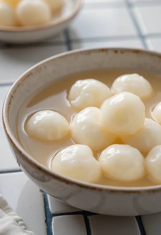 Tangyuan z purée z głożyny, chiński deser z kulkami z mąki ryżowej i purée z głożyny