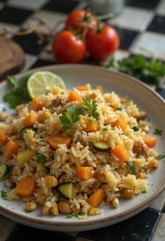 Kabsa z warzywami, bogactwem przypraw i świeżą kolendrą