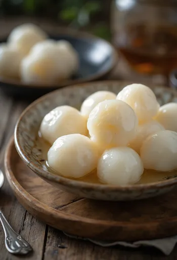 Chińskie knedle tang yuan podane w słodkim wywarze, z białymi kulkami