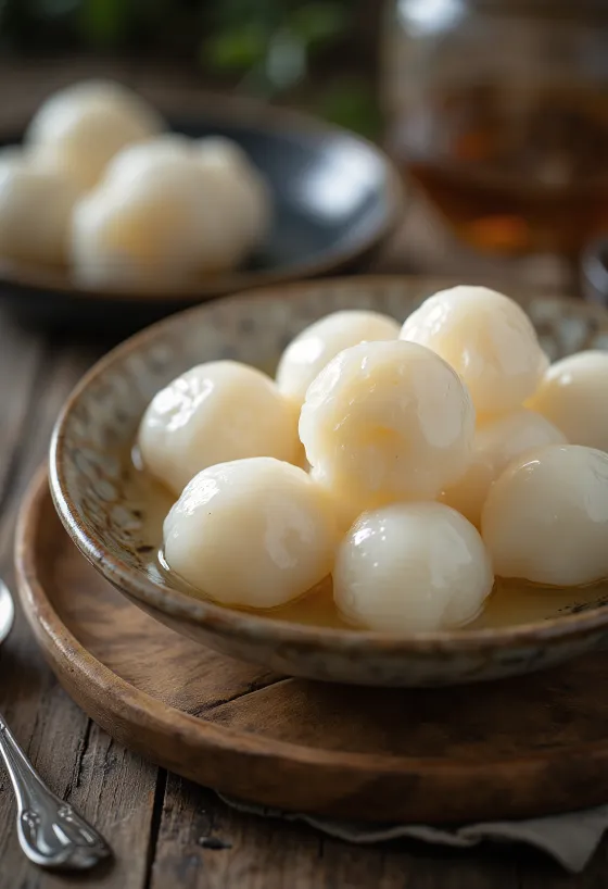 Chińskie knedle tang yuan podane w słodkim wywarze, z białymi kulkami