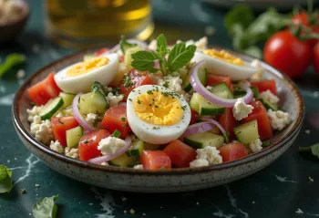 Sałatka Taszkient z jajkiem na twardo, udekorowana świeżą pietruszką.
