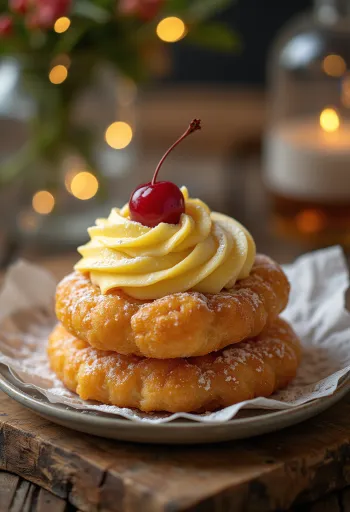 Zeppole z kremem waniliowym, świeże, złocistobrązowe ciastka nadziewane kremem