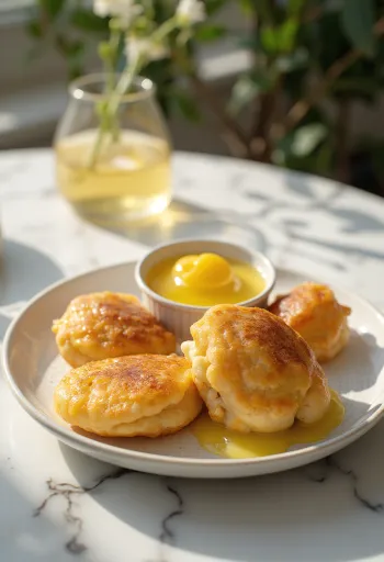 Æbleskiver z kremem cytrynowym, świeże i puszyste kuleczki, udekorowane sosem cytrynowym
