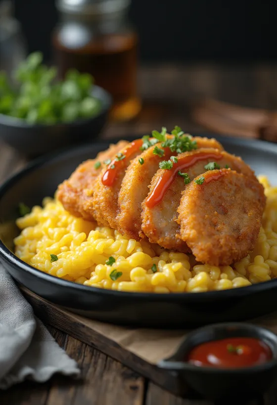Katsu omurice japoński ryż z jajkiem, kurczakiem i ziarnami sezamu