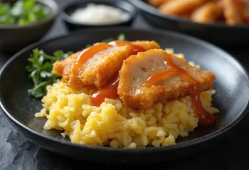 Katsu omurice japoński ryż z jajkiem, kurczakiem i ziarnami sezamu