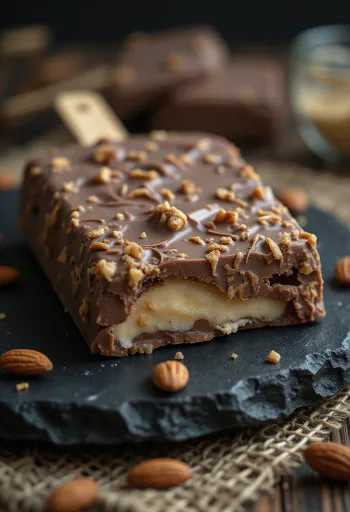Domowe lody Magnum Almond z grubą polewą czekoladową z migdałami, podane na rustykalnym tle
