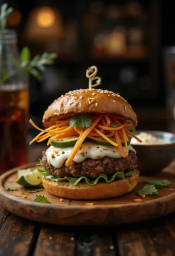 Pikantny burger tajski podany na talerzu