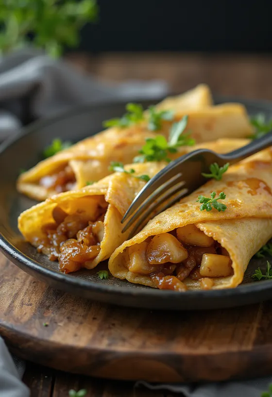 Świeżo upieczone naleśniki nadziewane tofu