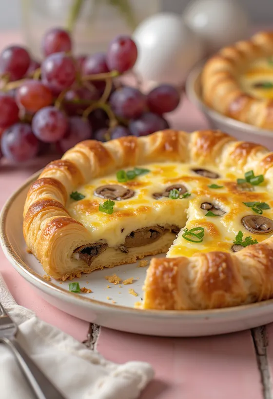 Quiche na cieście croissantowym pokrojony na kawałki