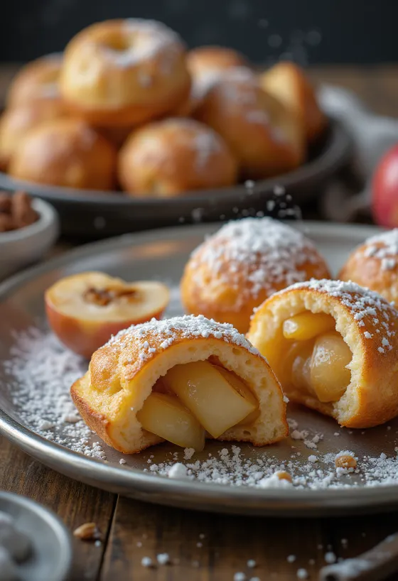 Æbleskiver z nadzieniem jabłkowym z cynamonem, upieczone na złocistobrązowo, posypane cukrem pudrem