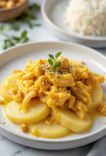 Ají de gallina bez jajek, podawane z kremowym żółtym sosem, kurczakiem, ryżem i ziemniakami
